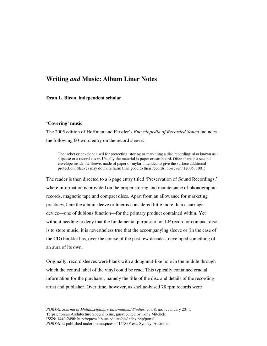 Pdf) Writing And Music: Album Liner Notes With Regard To Cd Liner Notes Template Word