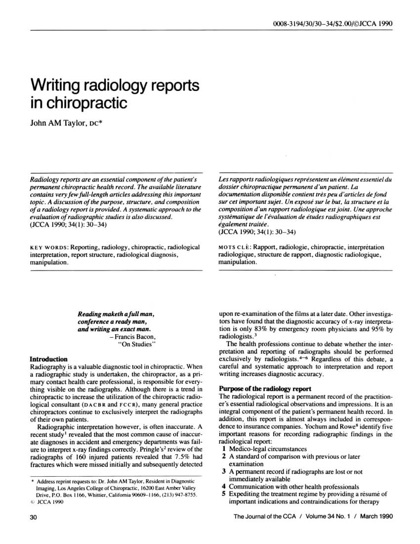 Pdf) Writing Radiology Reports In Chiropractic With Regard To Chiropractic X Ray Report Template
