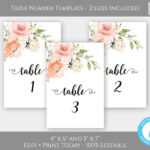 Peach + Blush Pink Floral Wedding Table Numbers, Watercolor In Table Number Cards Template