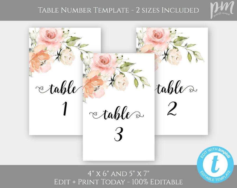 Peach + Blush Pink Floral Wedding Table Numbers, Watercolor In Table Number Cards Template