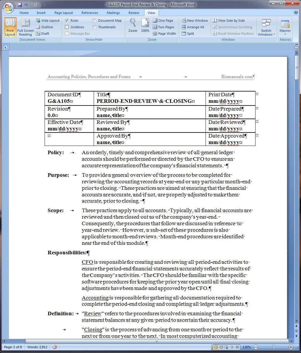 Period End Review And Closing Policy And Procedure Word Template Inside Training Manual Template Microsoft Word