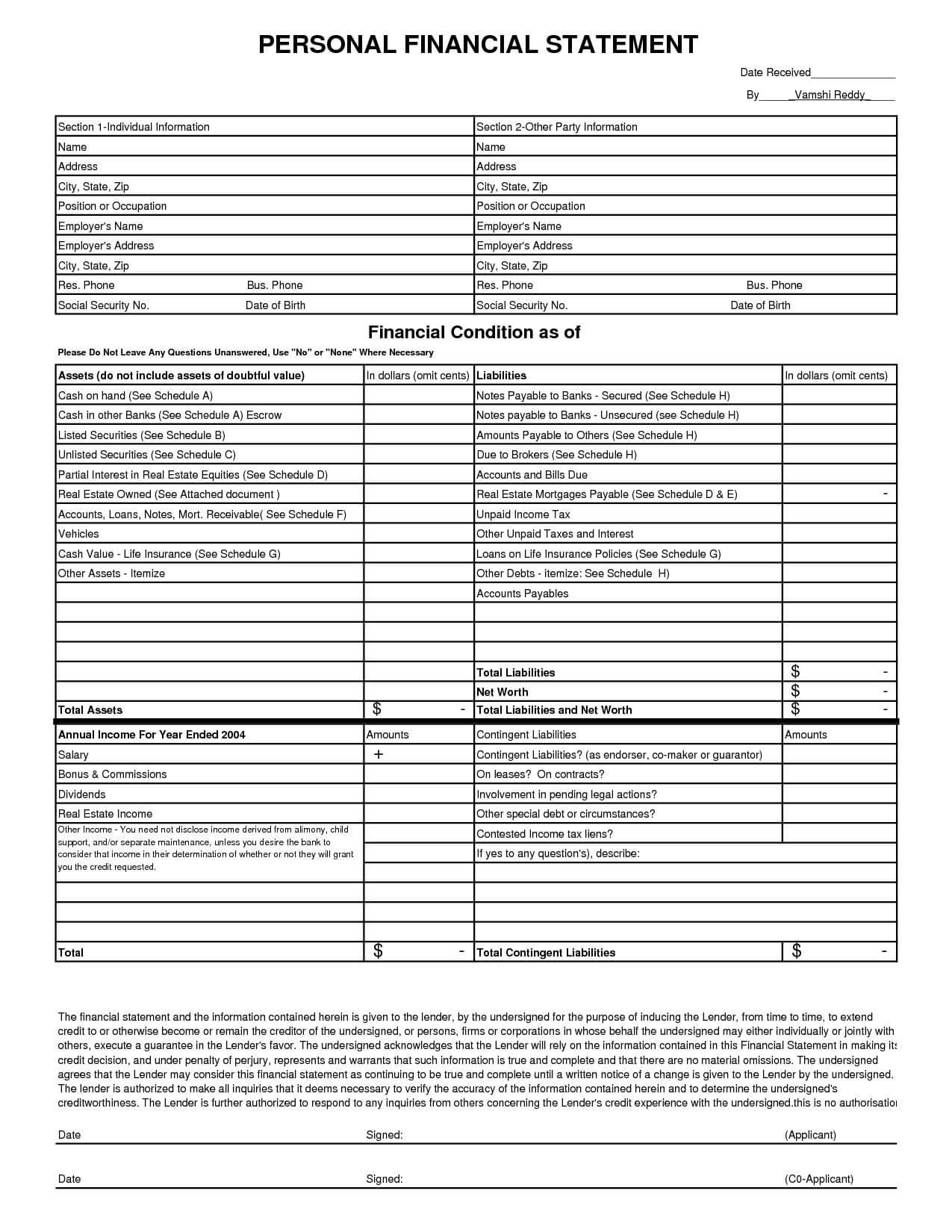 Personal Financial Statements Templates Statement Template Pertaining To Blank Personal Financial Statement Template