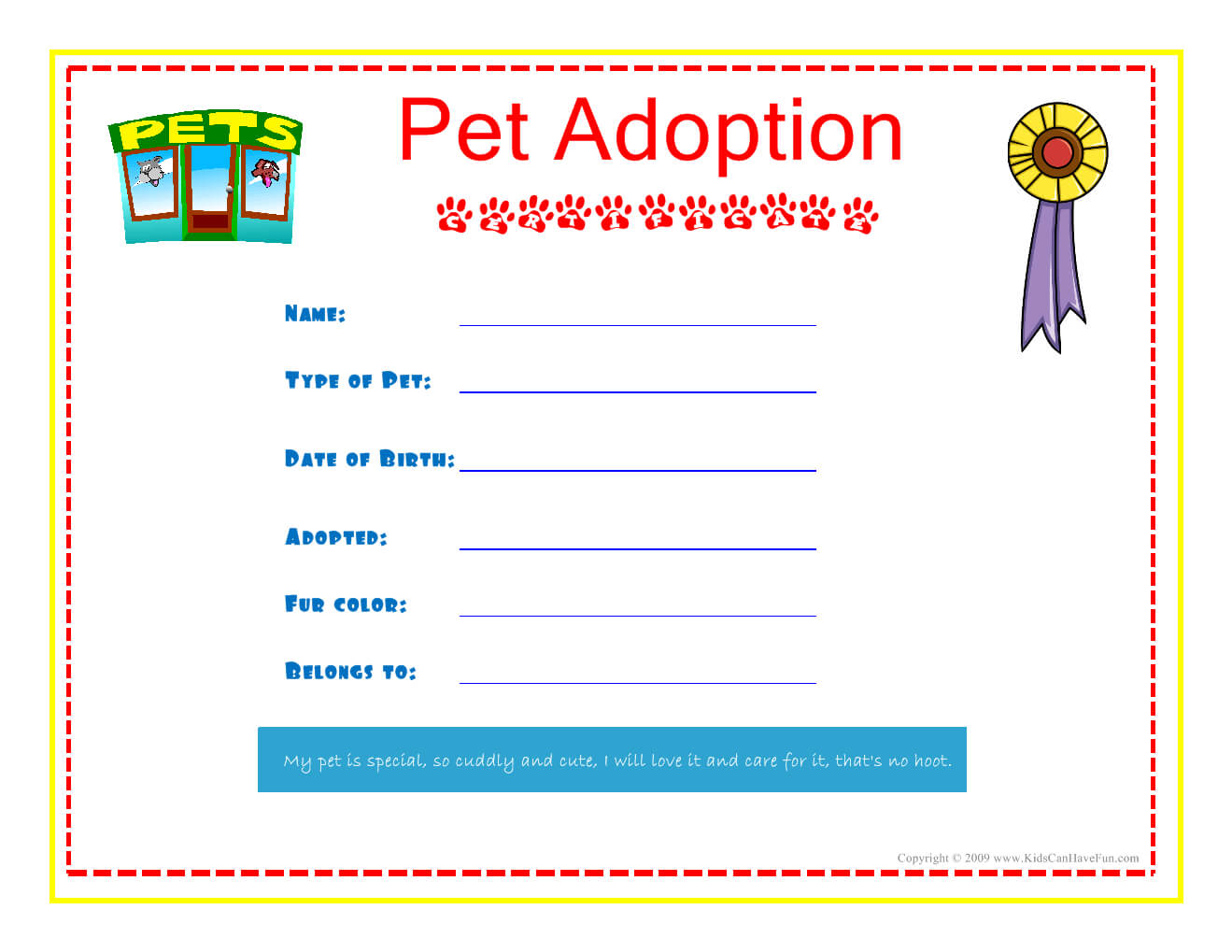 Pet Adoption Certificate For The Kids To Fill Out About Inside Toy Adoption Certificate Template