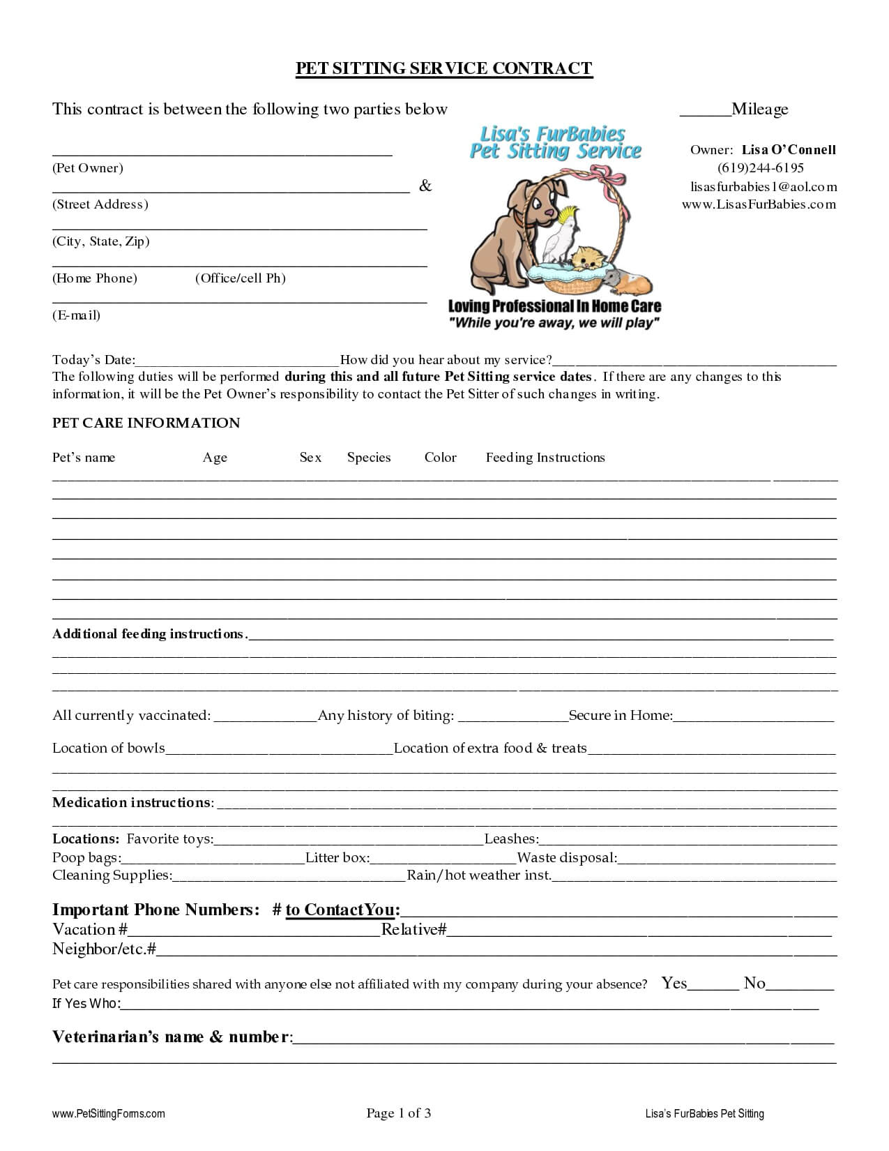Pet Sitting Contract Templates | Dogs | Pet Sitting Services Regarding Dog Grooming Record Card Template