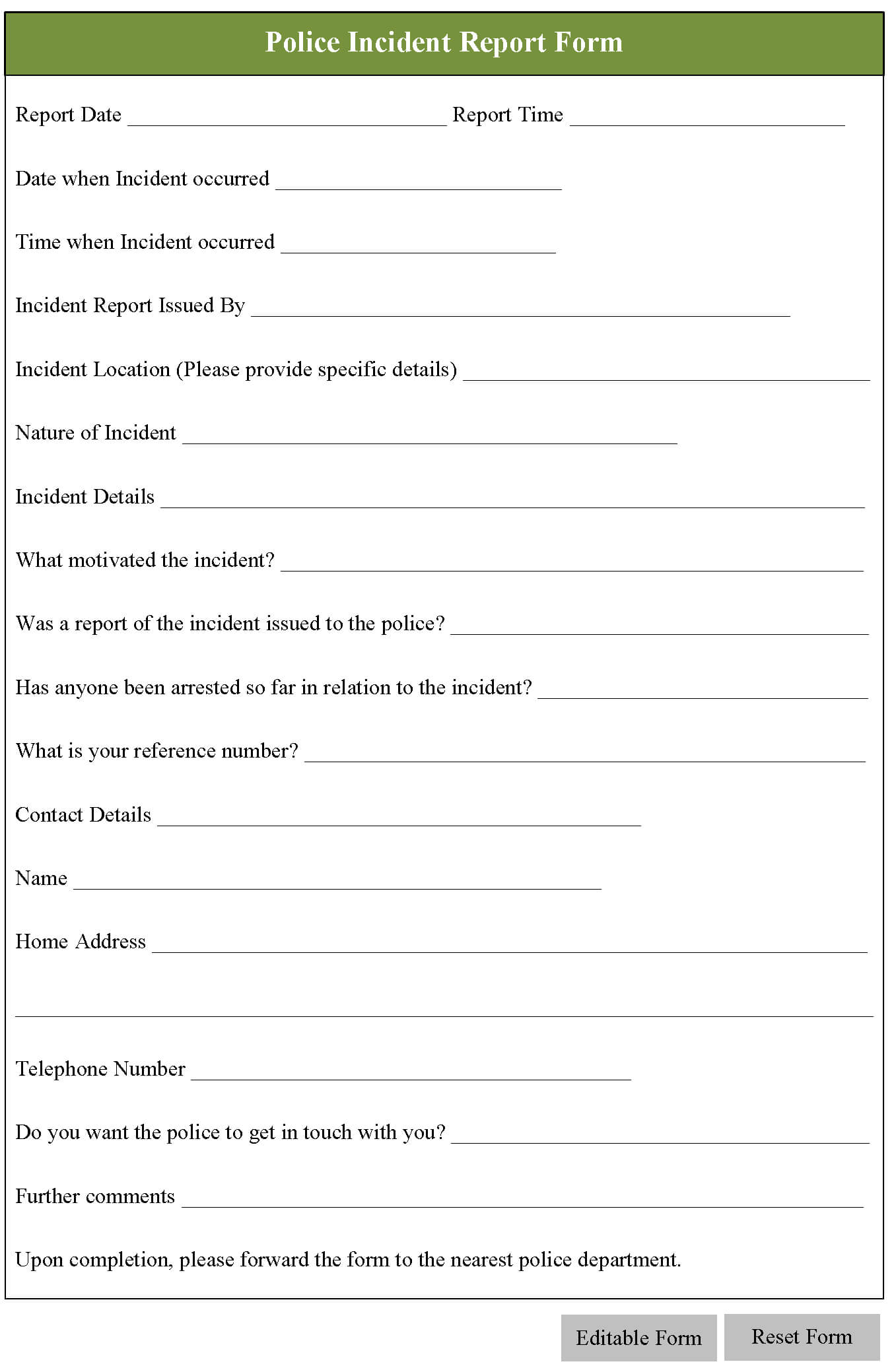 Police Incident Report Form | Editable Forms For Police Incident Report Template