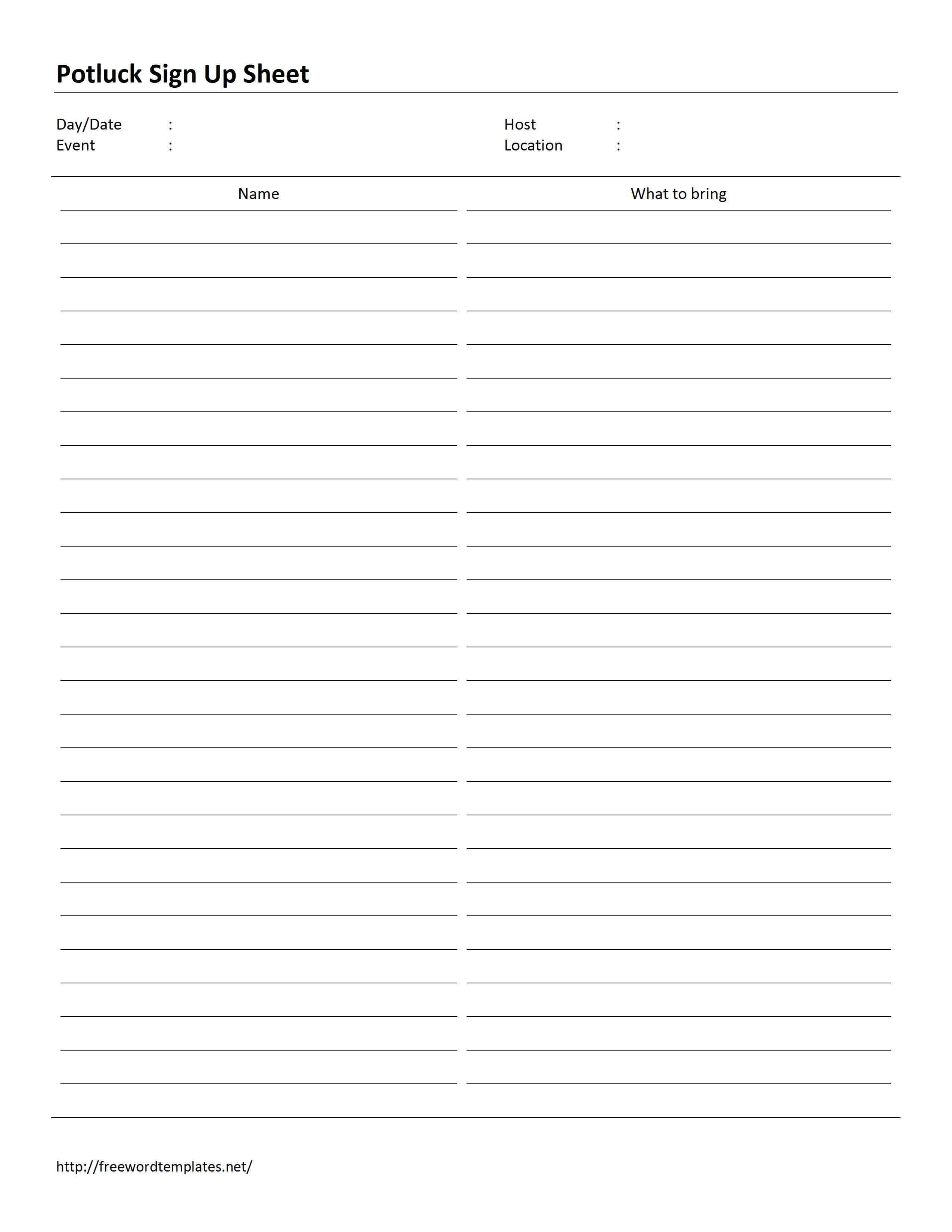 Potluck Sign Up Sheet Template With Free Sign Up Sheet Template Word