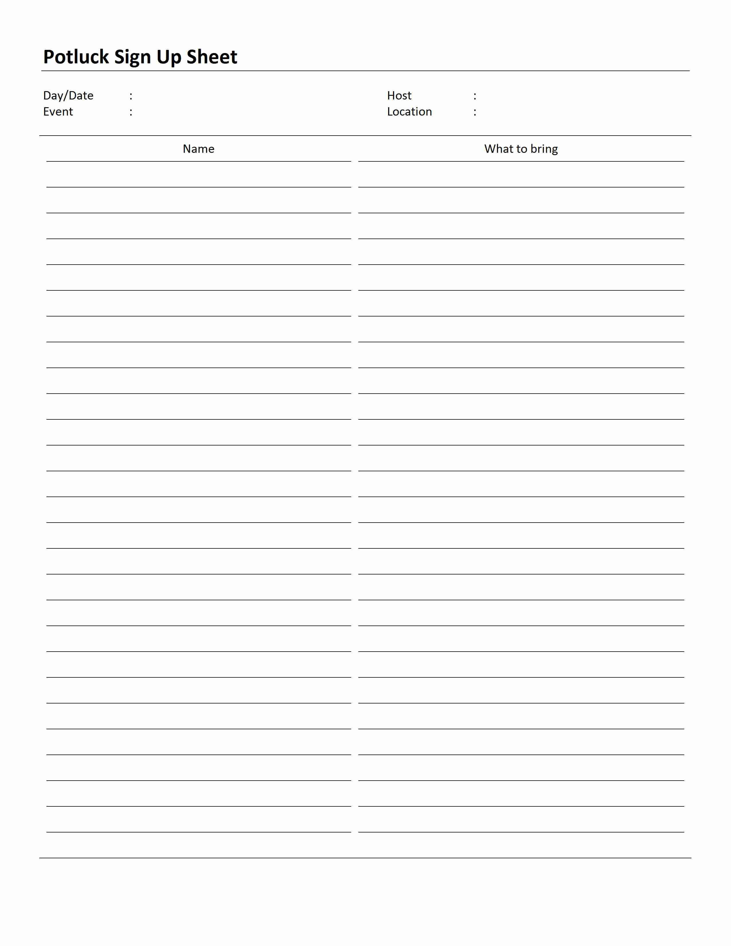 Potluck Sign Up Sheet With Potluck Signup Sheet Template Word