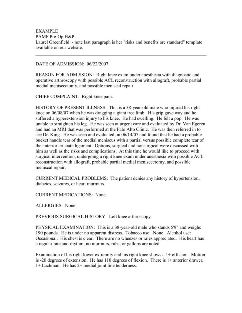 Preop H&p Sample For Operative Report Template