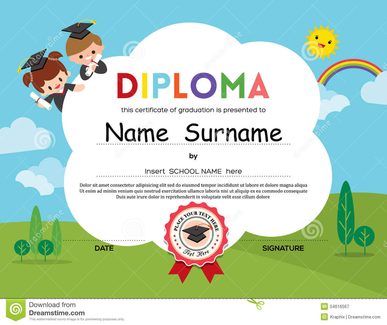 Preschool Elementary School Kids Diploma Certificate Inside Preschool Graduation Certificate Template Free