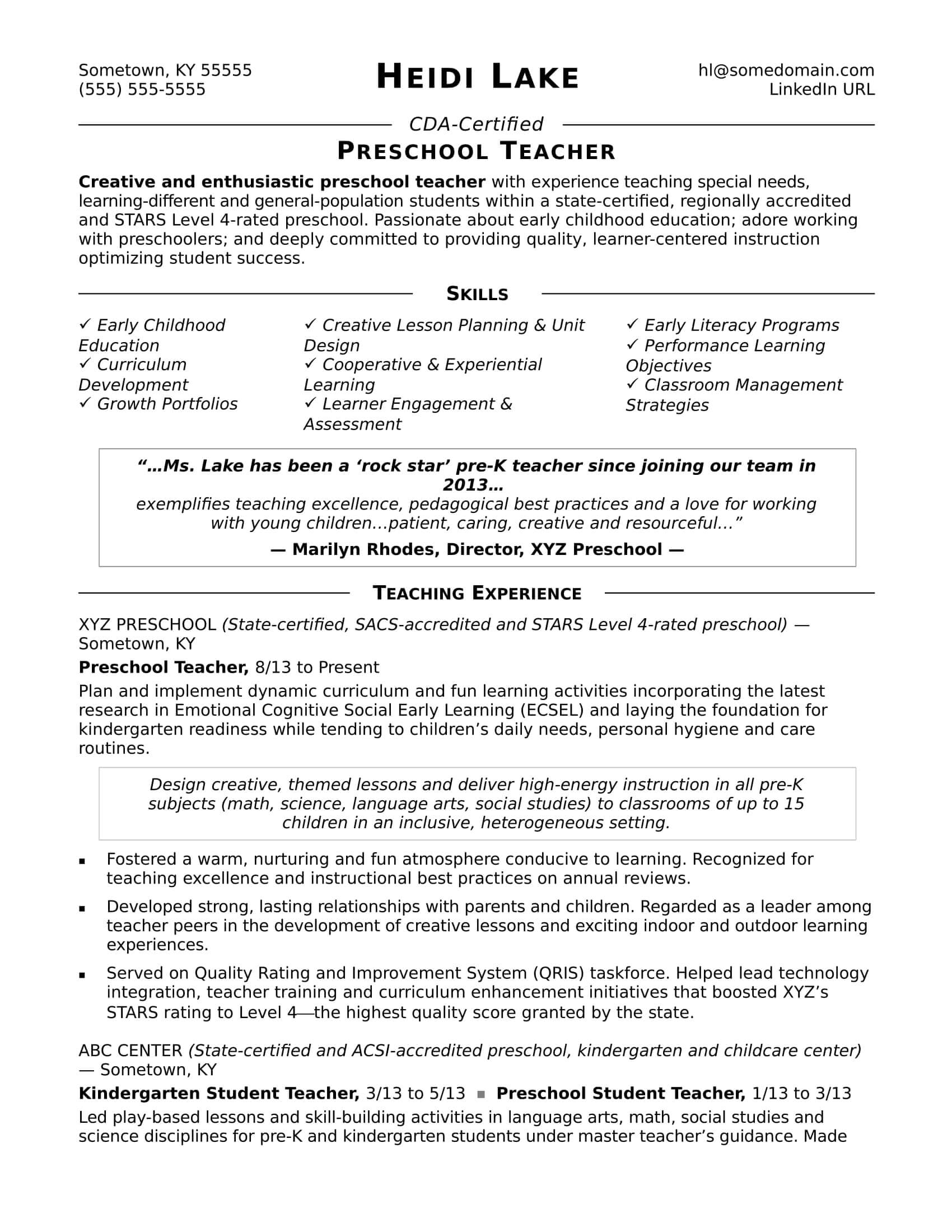 Preschool Teacher Resume Sample | Monster Intended For Service Job Card Template