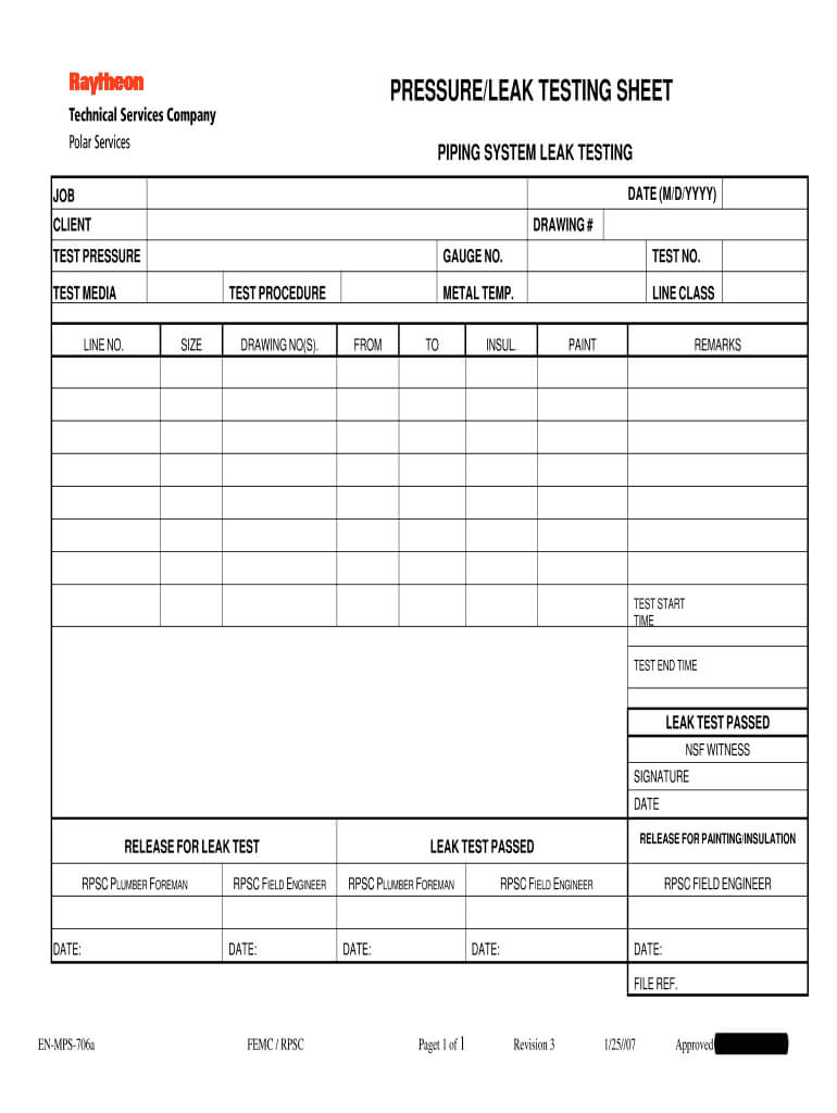 Pressure Testing Form – Fill Online, Printable, Fillable For Hydrostatic Pressure Test Report Template