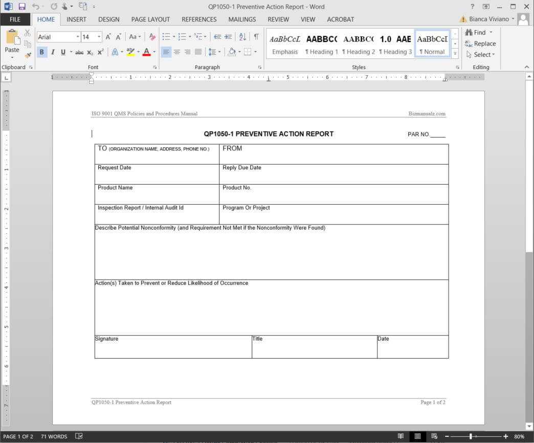 Preventive Action Report Iso Template | Qp1050 1 Within Corrective Action Report Template