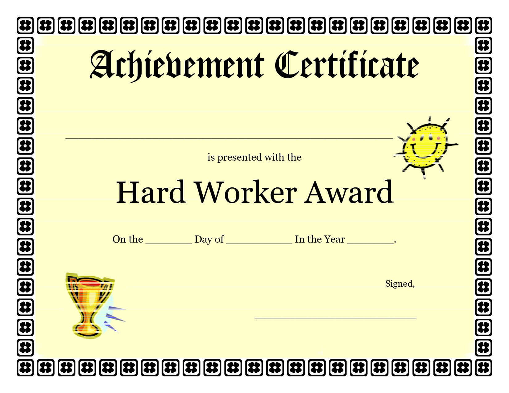 Printable Achievement Certificates Kids | Hard Worker For Free Printable Certificate Of Achievement Template