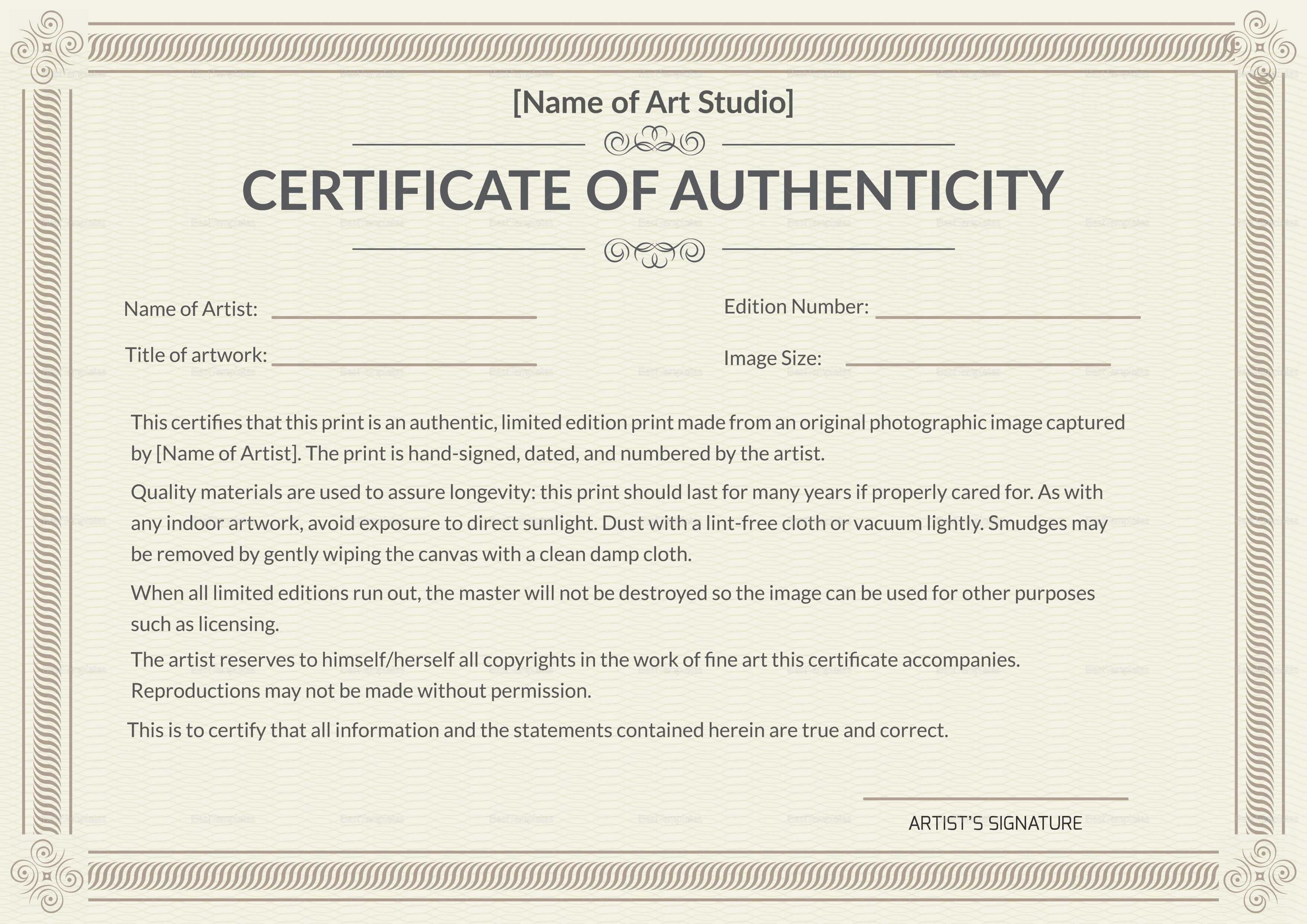 Printable Authenticity Certificate Template Inside Certificate Of Authenticity Template