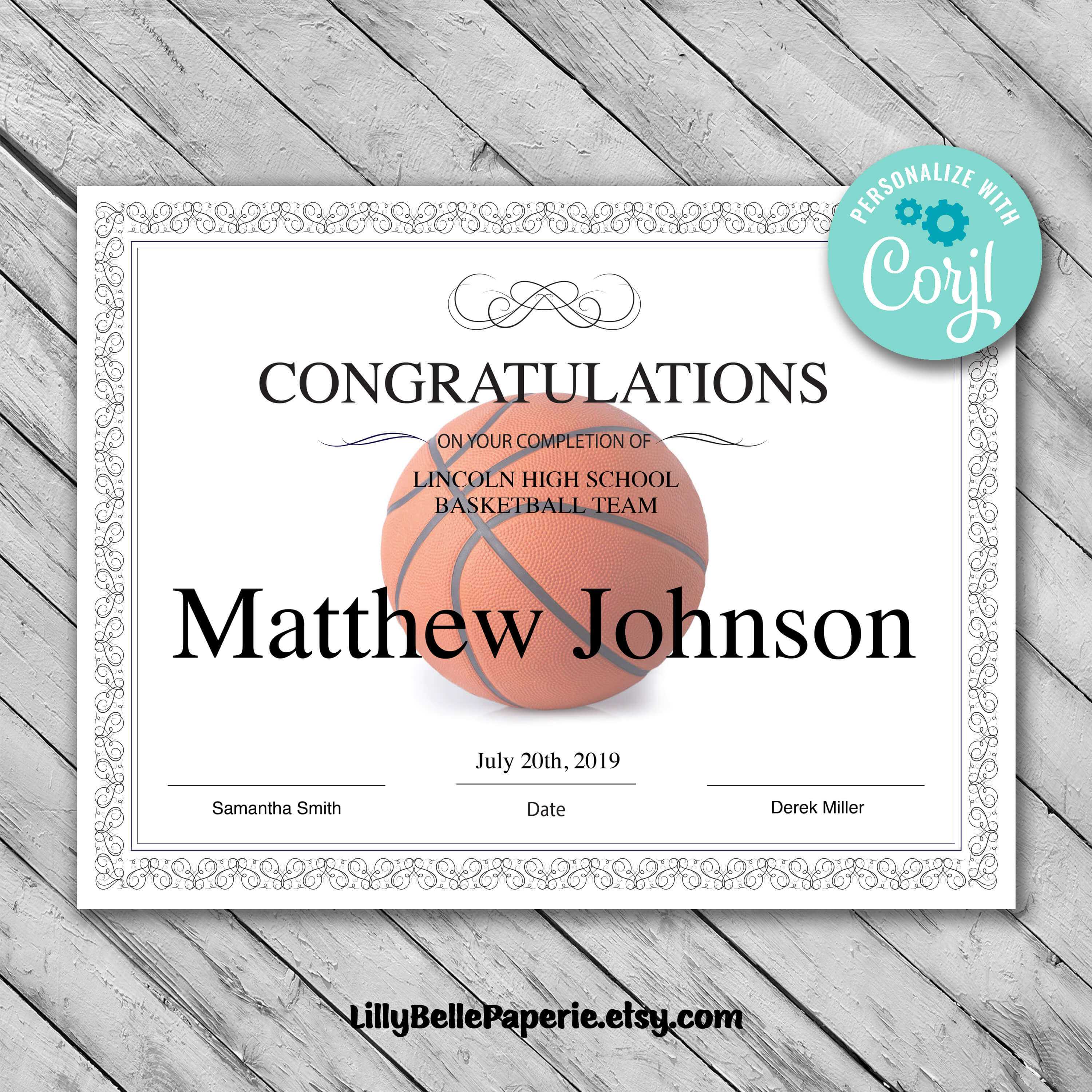 Printable Basketball Certificate Template – Editable Certificate Template –  Basketball Certificate Template Personalized Diploma Certificate Pertaining To Basketball Certificate Template