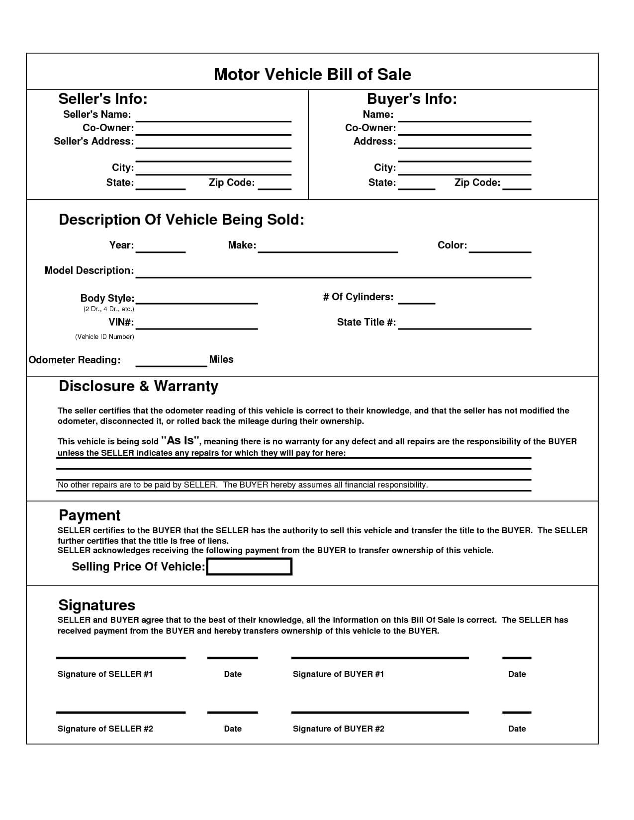 Printable Car Bill Of Sale Pdf | Bill Of Sale For Motor Regarding Vehicle Bill Of Sale Template Word