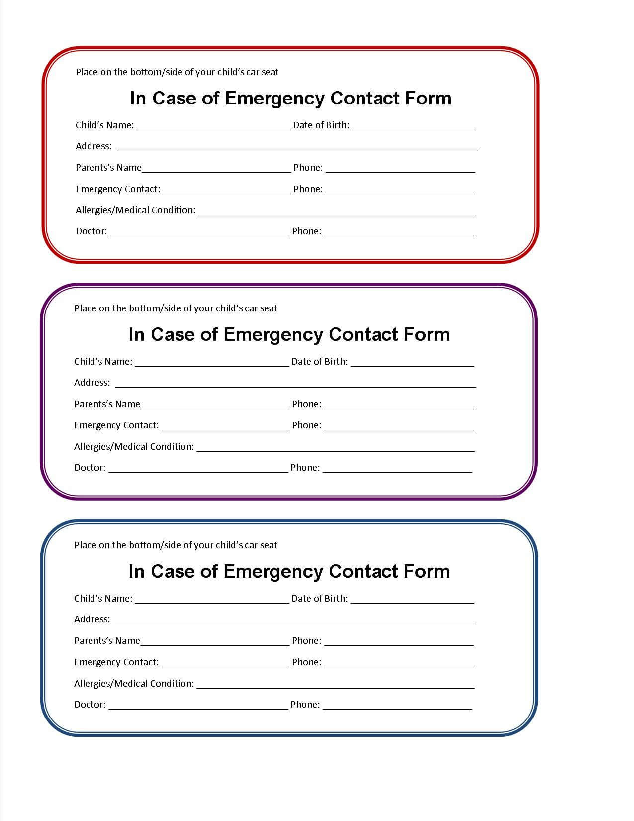 Printable Emergency Contact Form For Car Seat | Super Mom I In Emergency Contact Card Template
