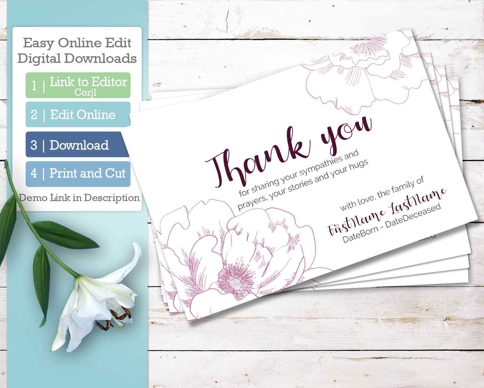 Printable Funeral Thank You Cards. Personalized Sympathy Thank You,  Editable Bereavement Thank You Card Download With Regard To Sympathy Thank You Card Template