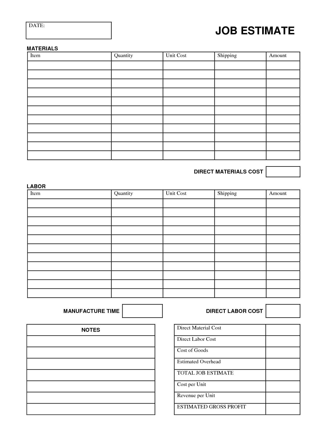 Printable Job Estimate Forms | Job Estimate Free Office Form In Job Cost Report Template Excel