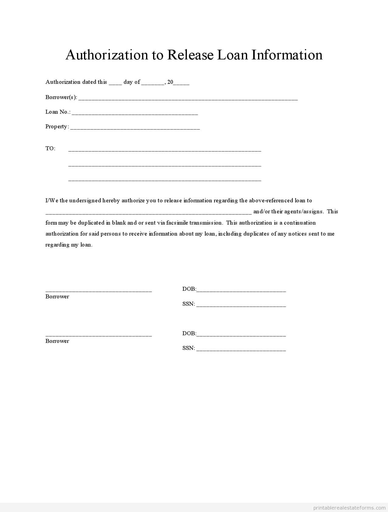Printable Loan Authorization 2 Template 2015 | Sample Forms With Blank Legal Document Template