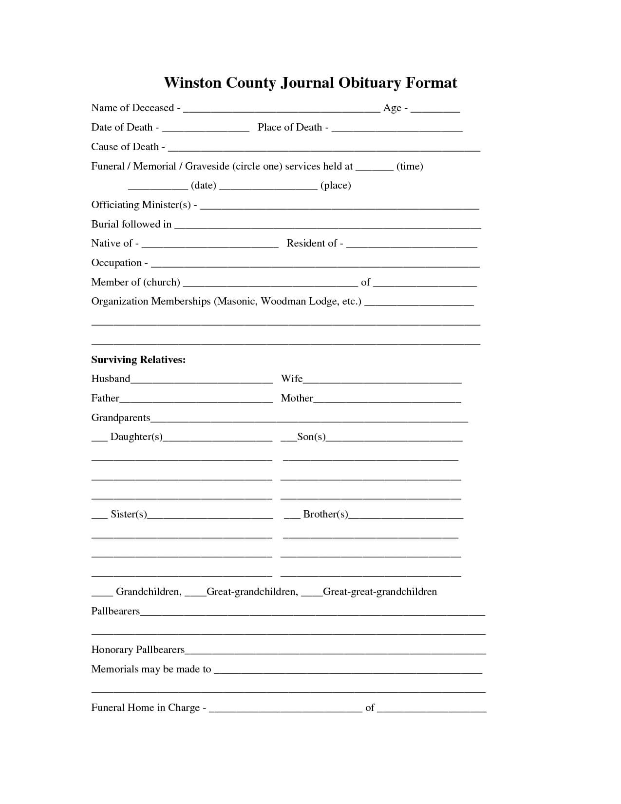 Printable Obituary Template | Fill In The Blank Obituary Throughout Fill In The Blank Obituary Template