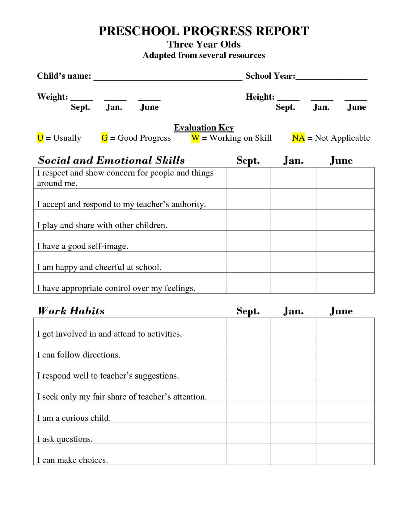 Printable Preschool Progress Report Template | Kg Regarding Preschool Progress Report Template