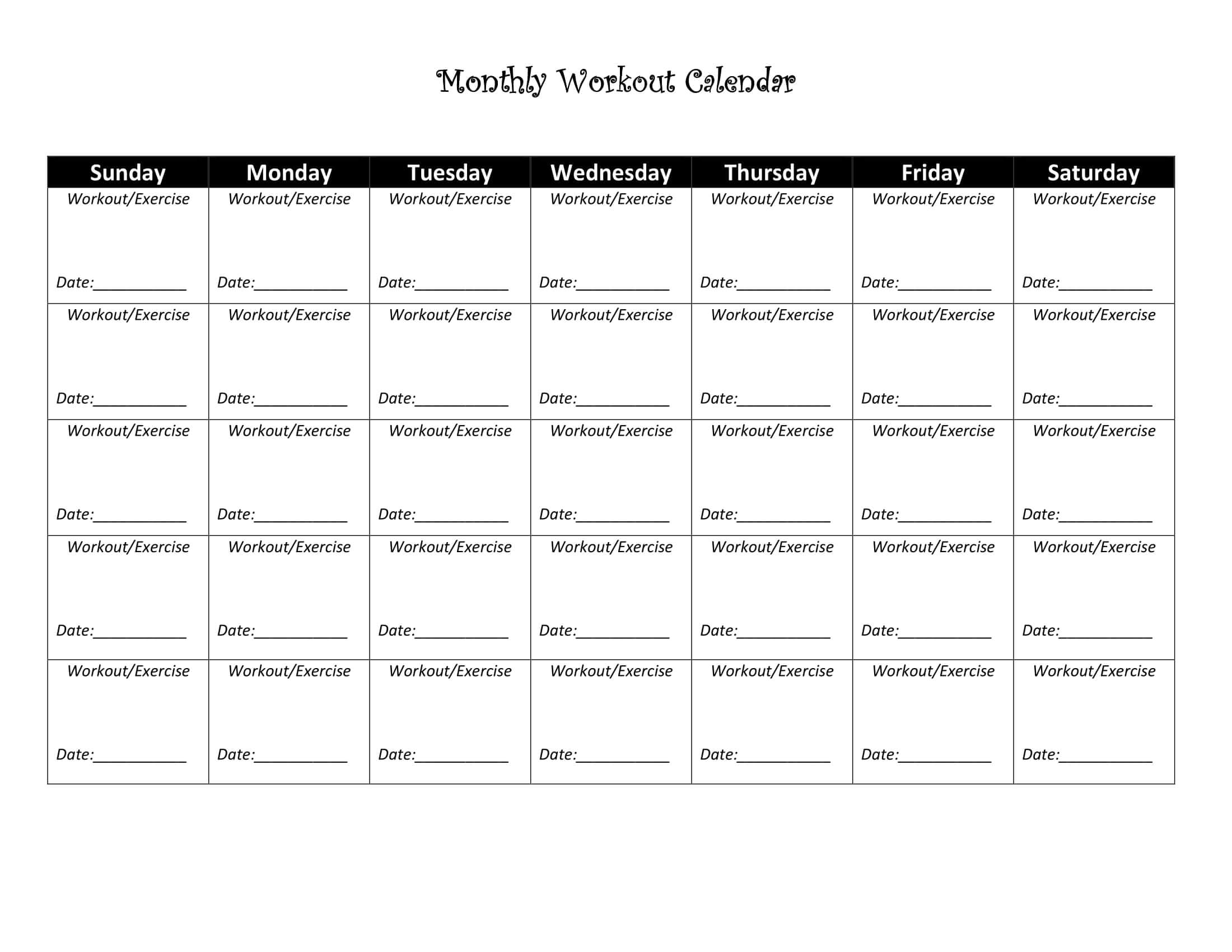 Printable Workout Calendar For Blank Workout Schedule Template
