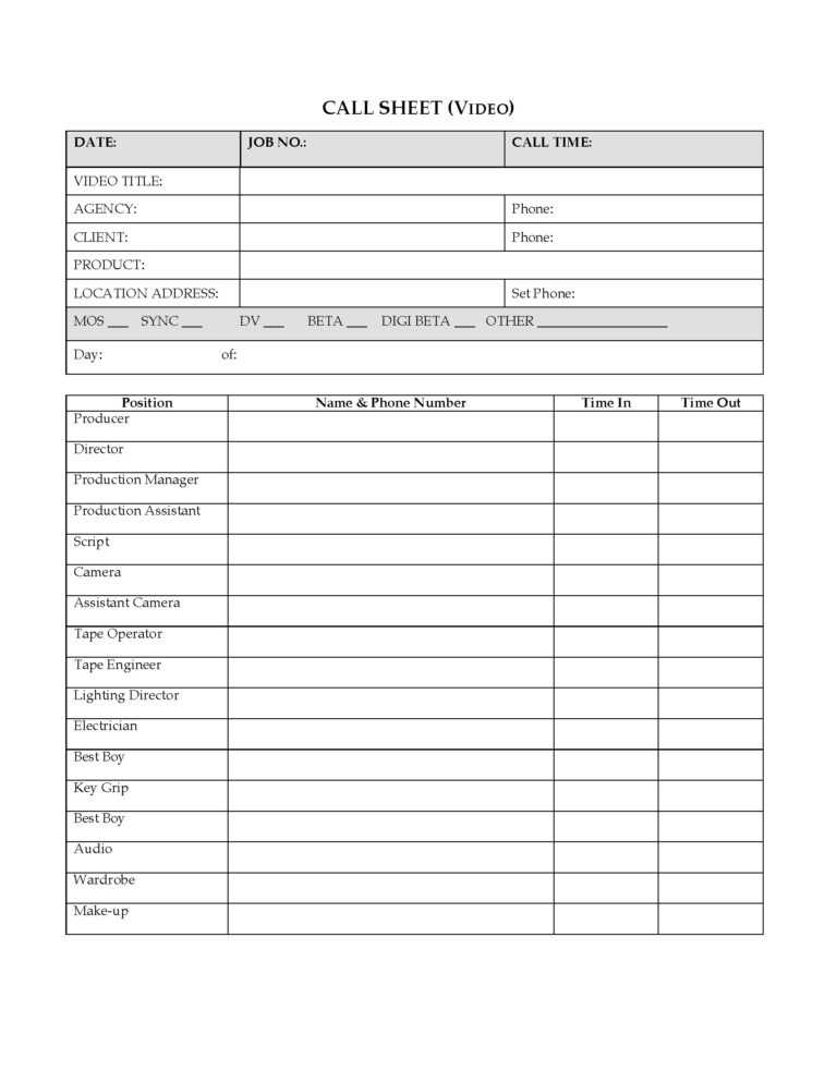 Production Call Sheet Template – Hpcr.tk pertaining to Film Call Sheet ...