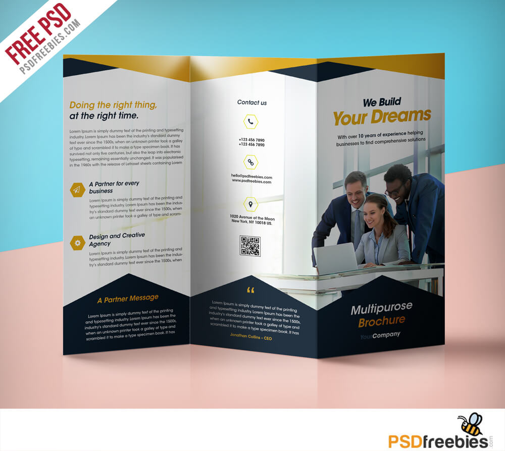 Professional Corporate Tri Fold Brochure Free Psd Template Throughout Three Panel Brochure Template
