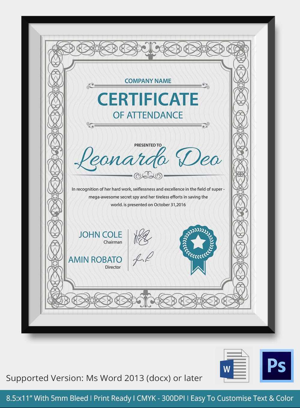 Professional Editable Certificate Of Attendance Template For Perfect Attendance Certificate Template