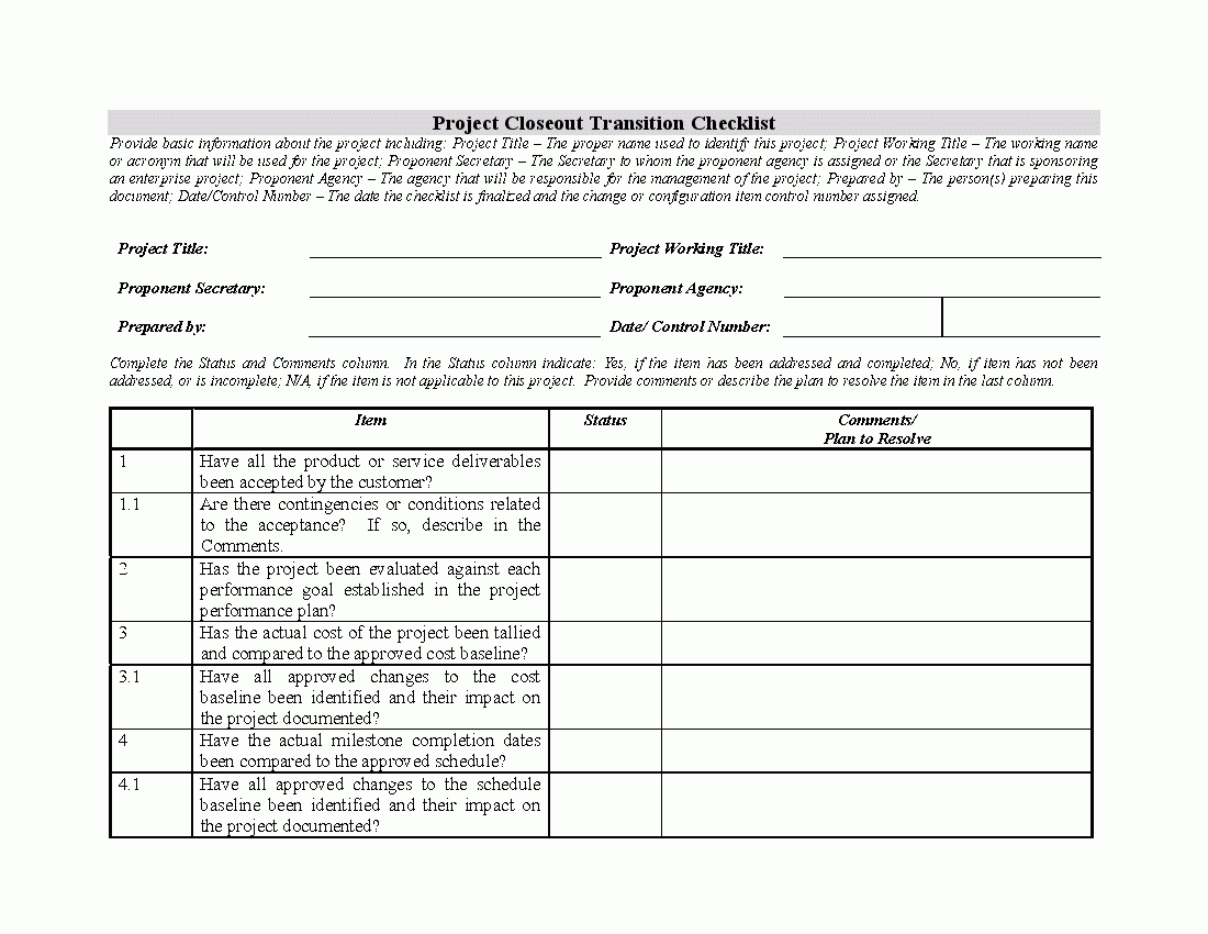 Project Closeout Checklist Template Closure Report Pmbok For Closure Report Template