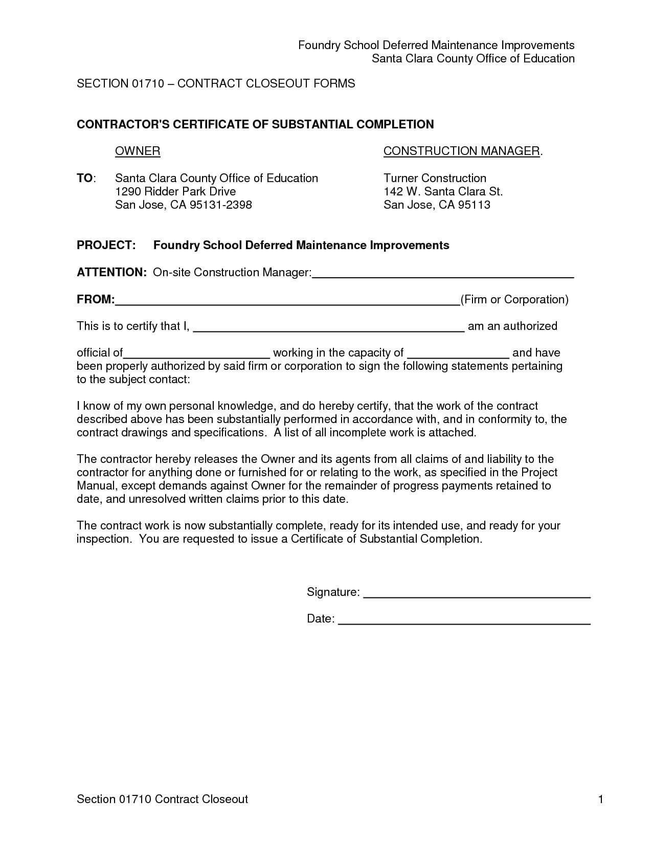 Project Completion Template Company Letter Format For New Inside Certificate Of Completion Template Construction