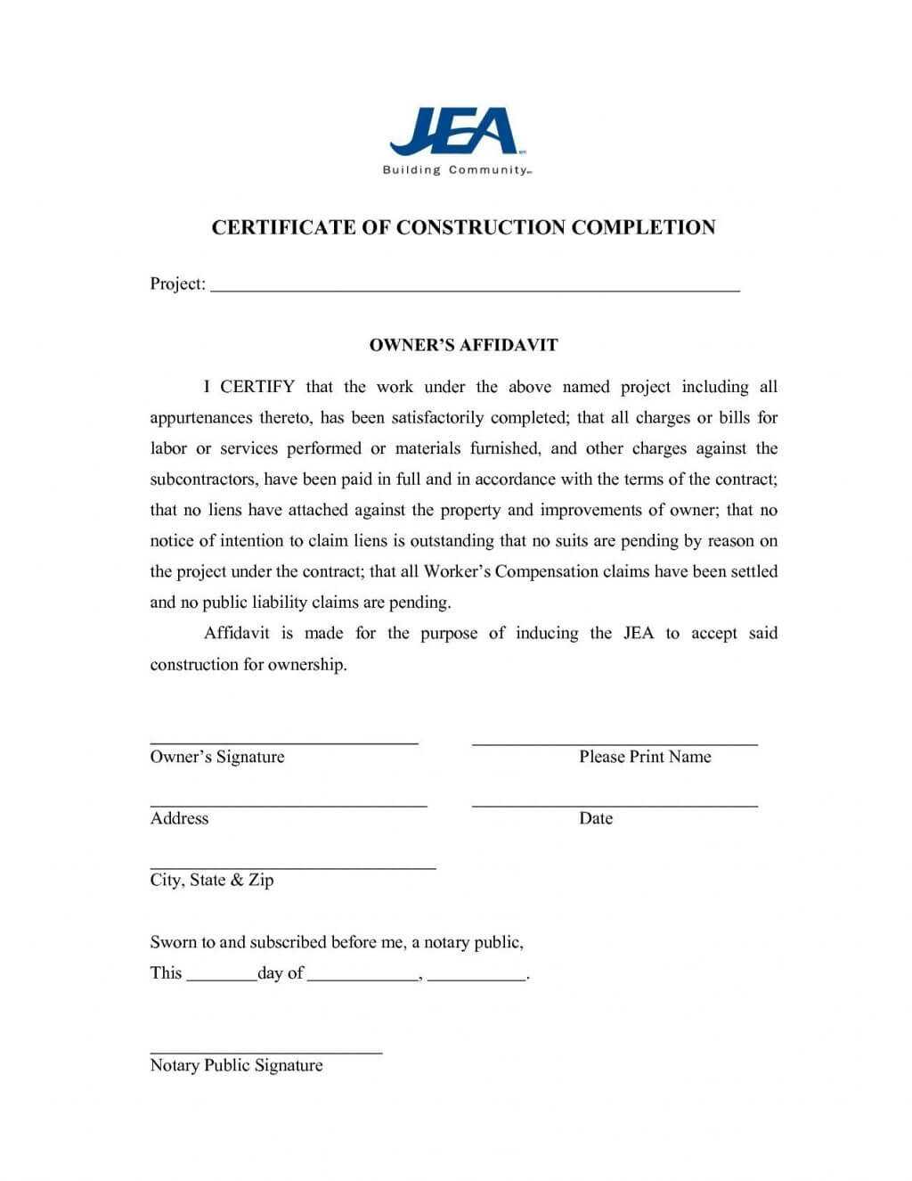 Project Completion Template Letter Format From Company For Regarding Construction Certificate Of Completion Template