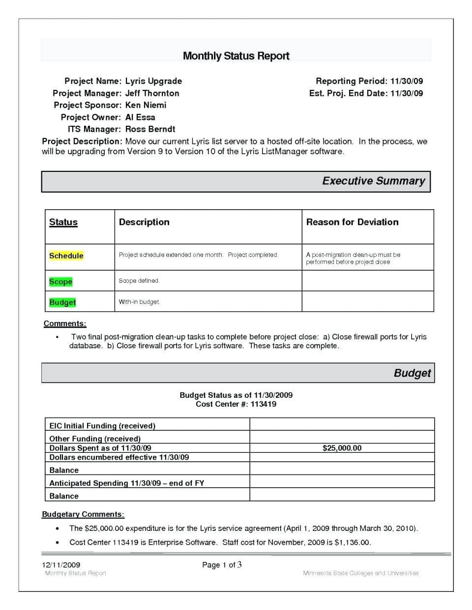 Project Management Report Format Samples Templates Free Intended For Waste Management Report Template