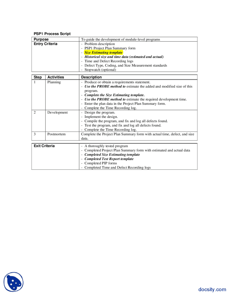 Psp1 Process Script, Codes And Instructions-Software Quality regarding ...