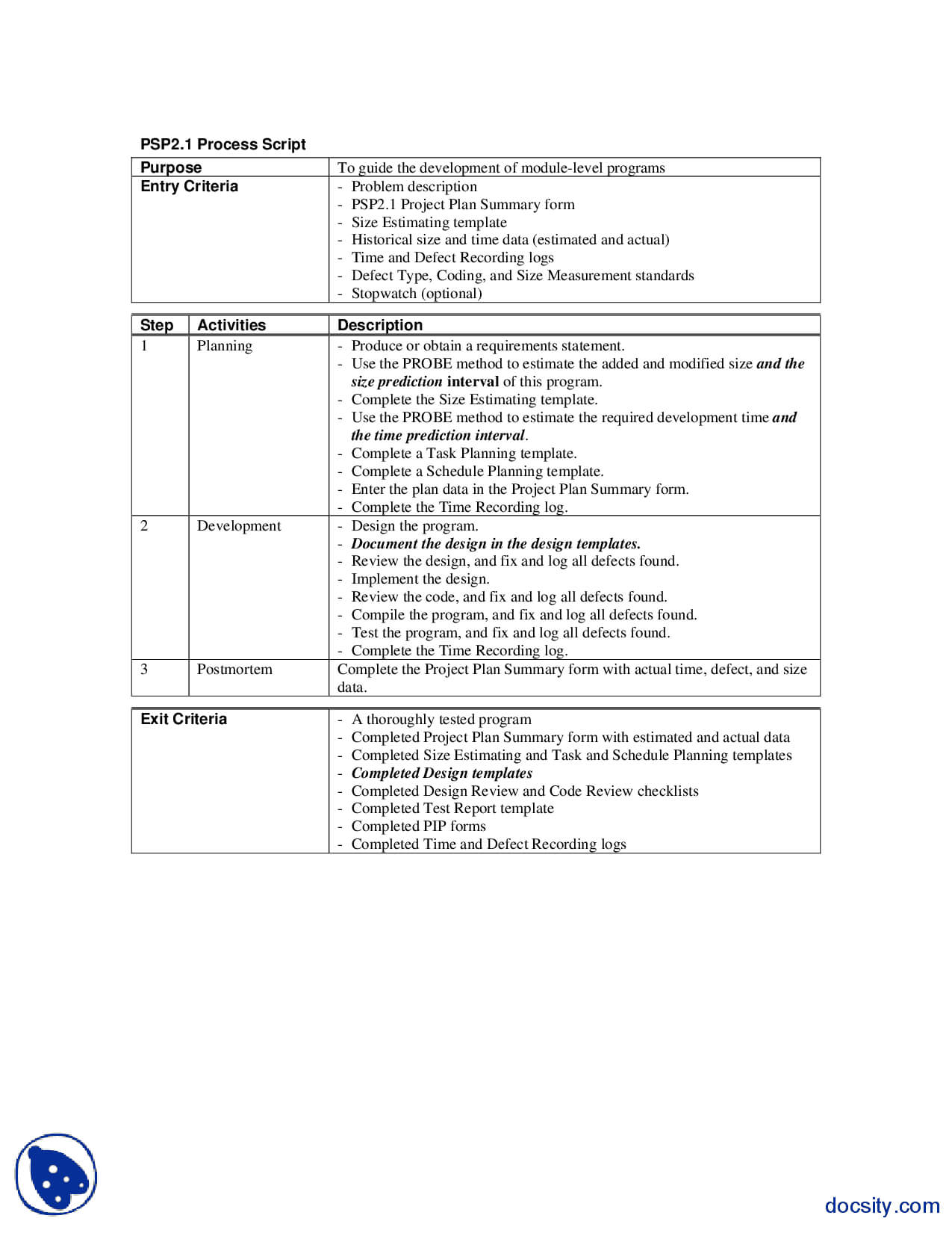 Psp2.1 Process Script, Codes And Instructions Software In Test Exit Report Template