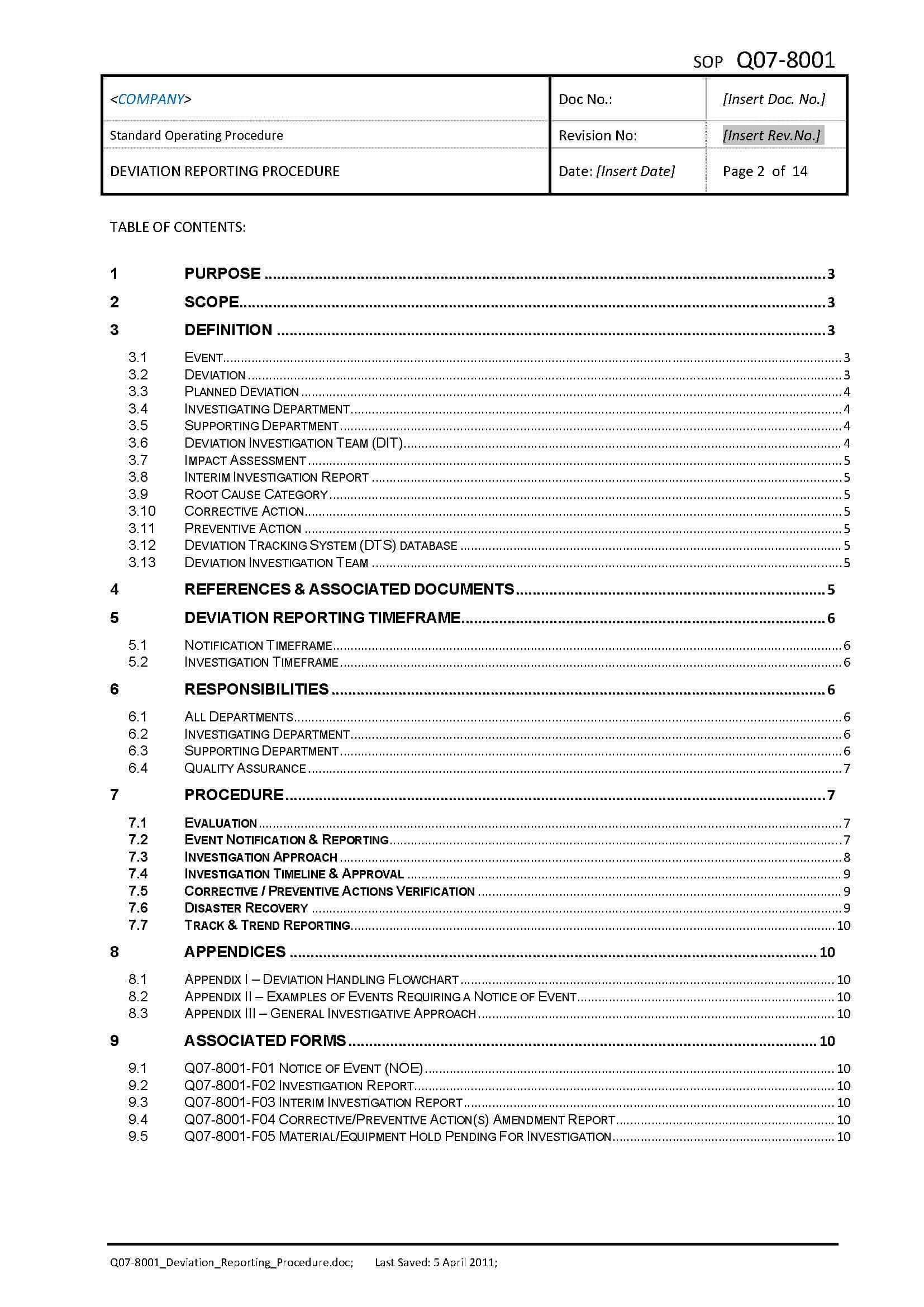 Q07 8001 Deviation Reporting Procedure – Gmp Templates For Deviation Report Template