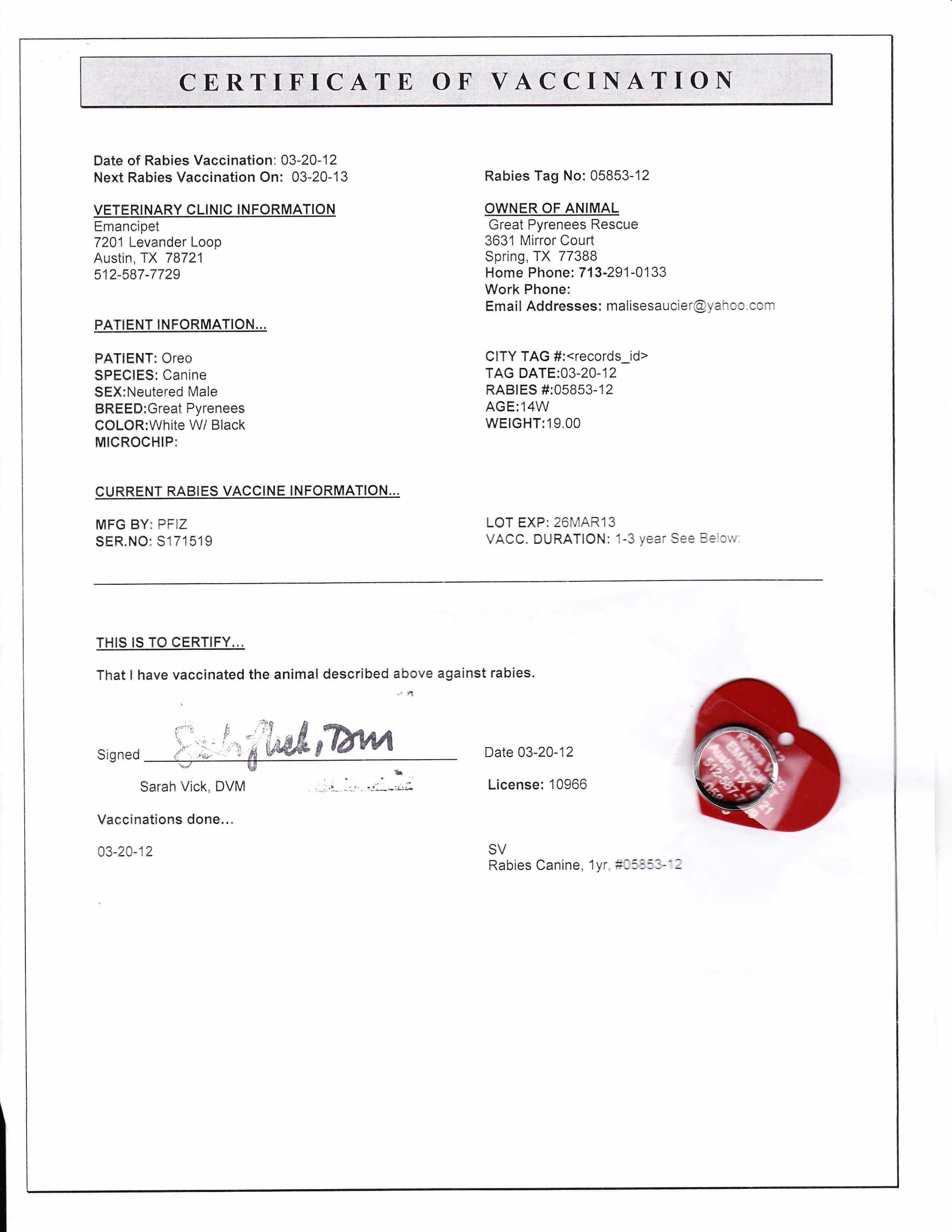 Rabies Vaccination Certificate Template Lovely Oreo In Regarding Dog Vaccination Certificate Template