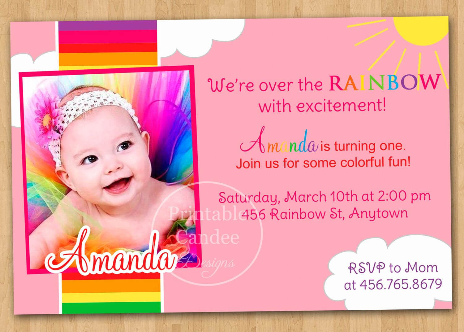 Rainbow First Birthday Invitation – Custom Printable. $10.00 Within First Birthday Invitation Card Template