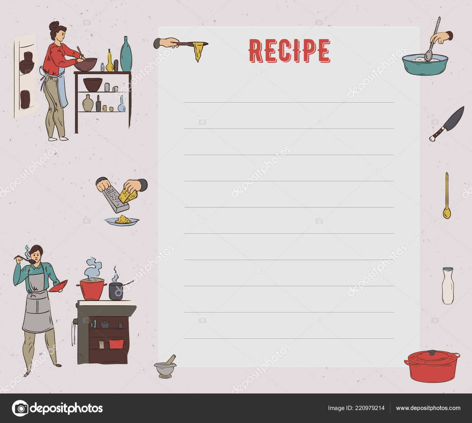 Recipe Card Cookbook Page Design Template People Preparing In Restaurant Recipe Card Template