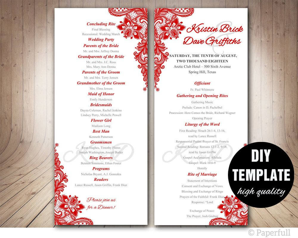 Red Wedding Program Template, Instant Download Microsoft Within Free Printable Wedding Program Templates Word