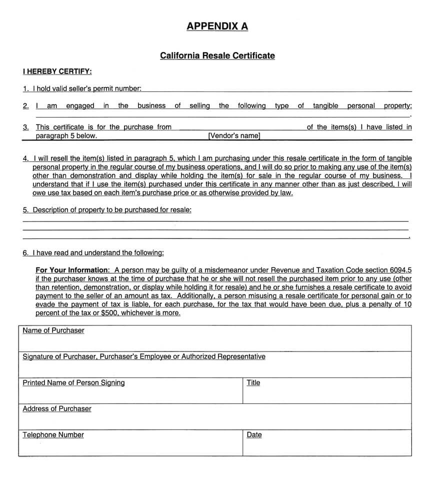 Regulation 1668 For Resale Certificate Request Letter Template