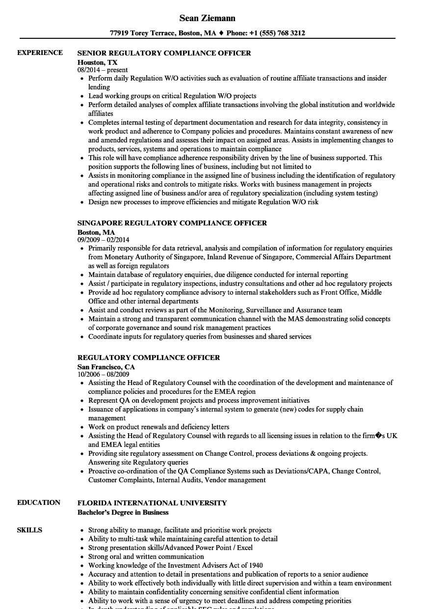 Regulatory Compliance Officer Resume Samples | Velvet Jobs For Compliance Monitoring Report Template