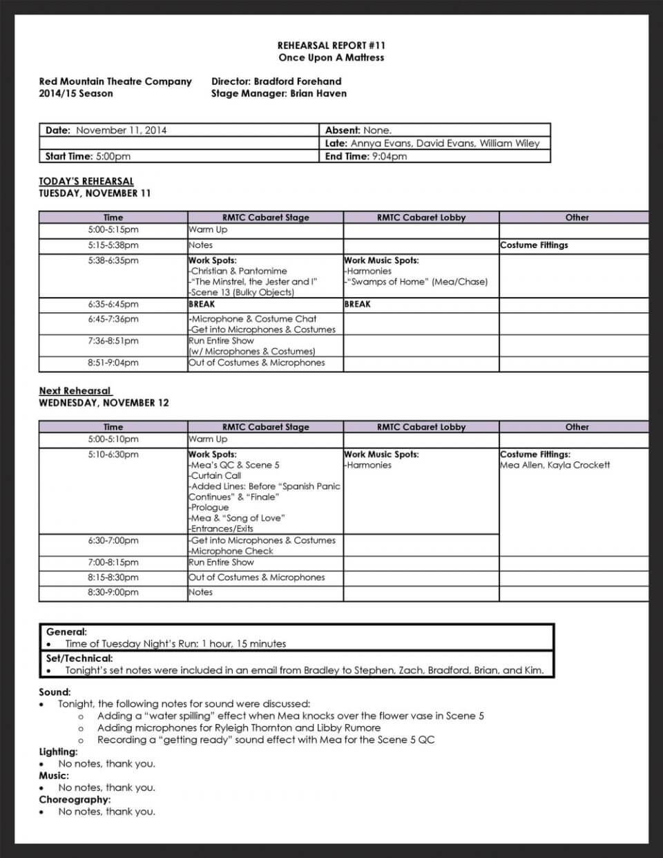 Rehearsal Report Template Manager Stage Pdf Google Docs In Rehearsal Report Template