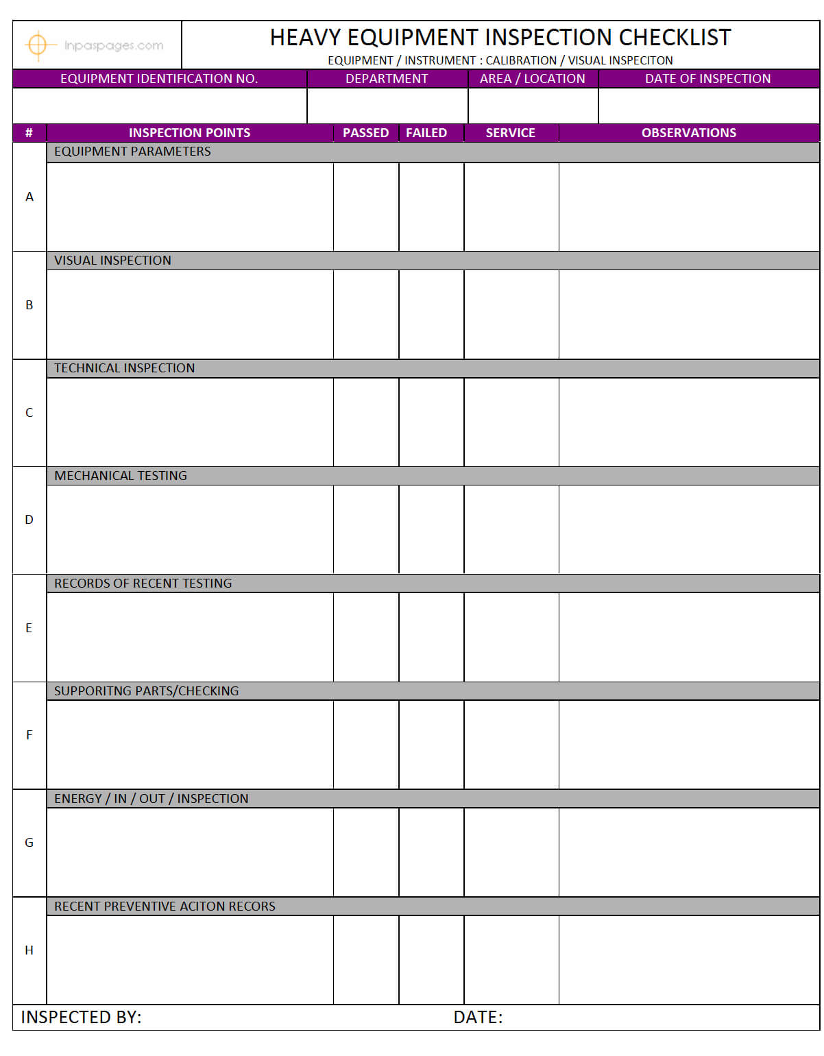 Report Maintenance Template Word Heavy Equipment Inspection Inside Computer Maintenance Report Template