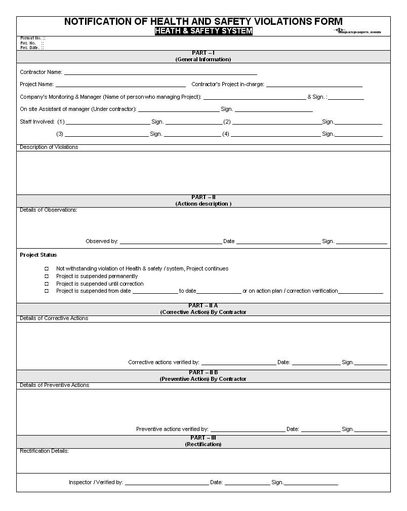 Report Notification Of Health Safety System Violations Form Pertaining To Monthly Health And Safety Report Template