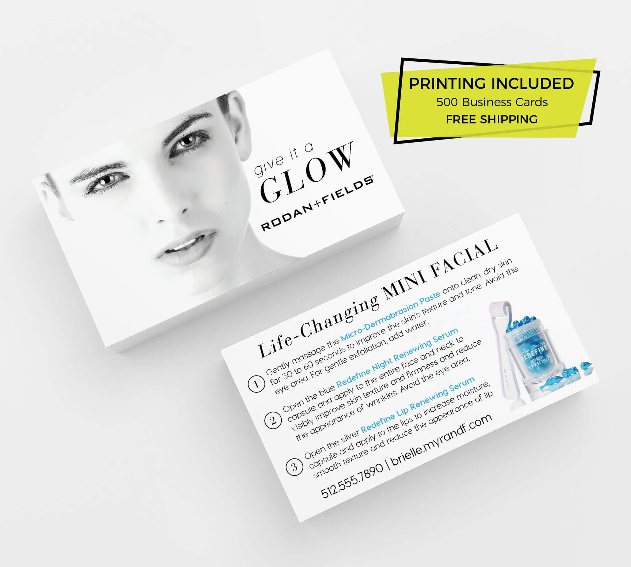 Rodan & Fields Mini Facial Cards Printed 500 Business Cards Template  Personalized Skincare R+F Consultant Redefine Sample Give It A Glow In Rodan And Fields Business Card Template