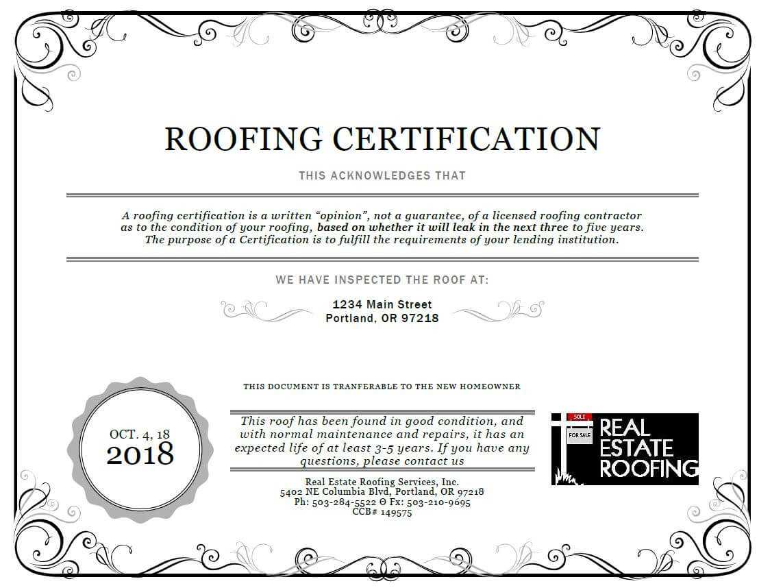 Roof Certification: Sample | Real Estate Roofing With Roof Certification Template