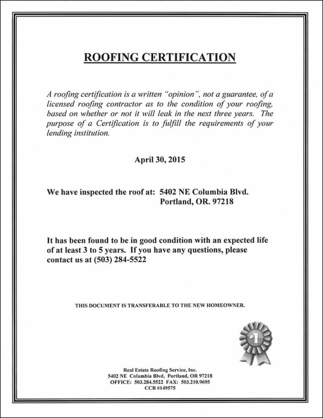 Roofing Certificate Of Completion Template Lovely Roof With Regard To Roof Certification Template