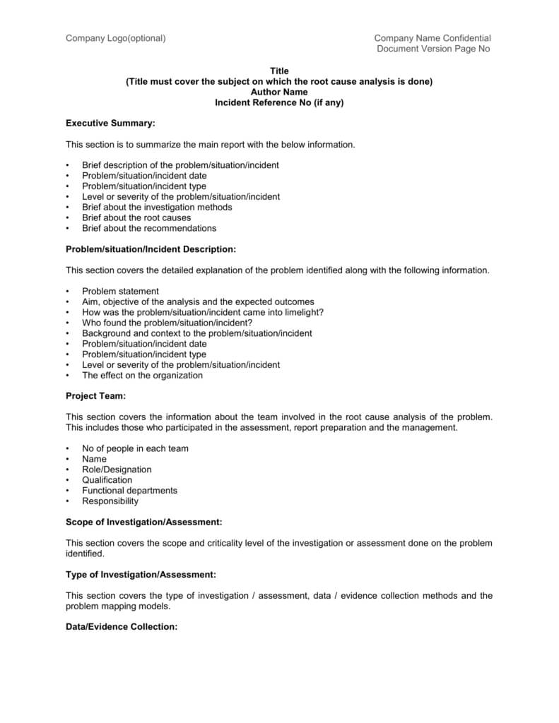 Root Cause Analysis Report: Sample Template Intended For Company Analysis Report Template